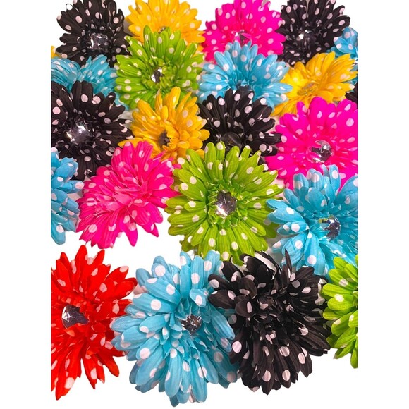 27 Polka Dot Daisy W/Large Rhinestone Multicolor 4” Floral Tops Only Artificial - Picture 4 of 10